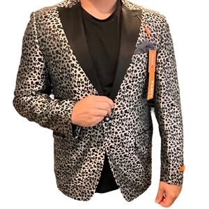 Size Large 42R Tallia Mens Blazer Leopard Print Black Silver NWT Clubwear Formal